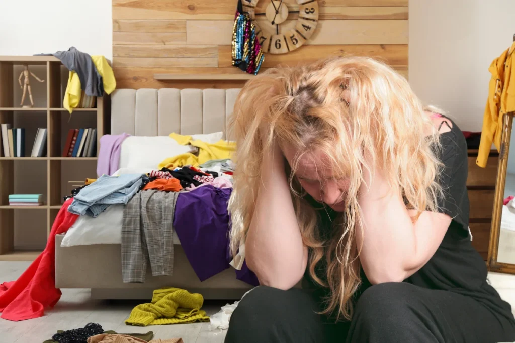 Mulher loira sentindo-se estressada em meio à desorganização do quarto. 