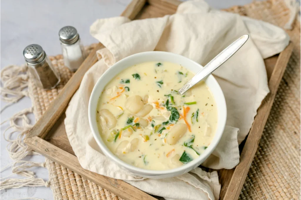 Sopa de frango com nhoque de batata.