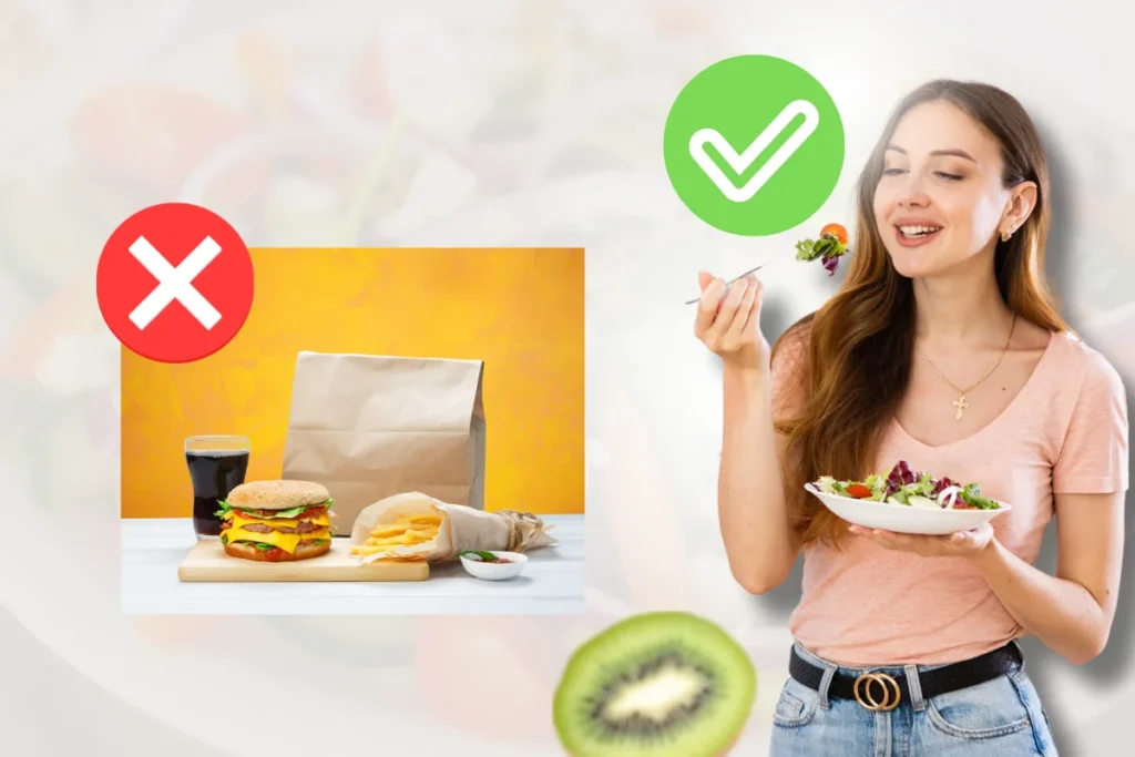 Mulher jovem adotando uma alimentação saudável como parte de um hábito positivo. 