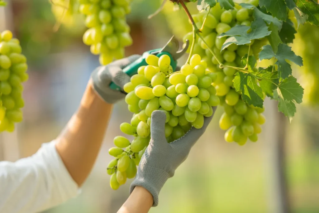 Pessoa colhendo uvas verdes.
