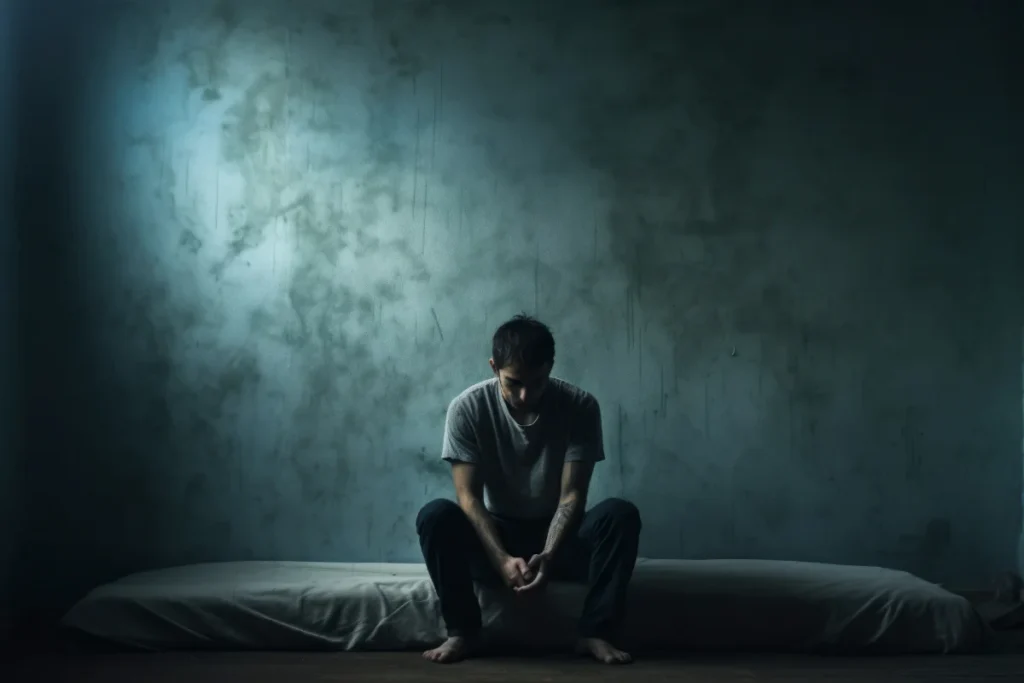 Tanatofobia: homem sentado apresenta sintomas físicos e emocionais de medo da morte, como angústia, tensão e expressão de pânico. (Imagem: Freepik)