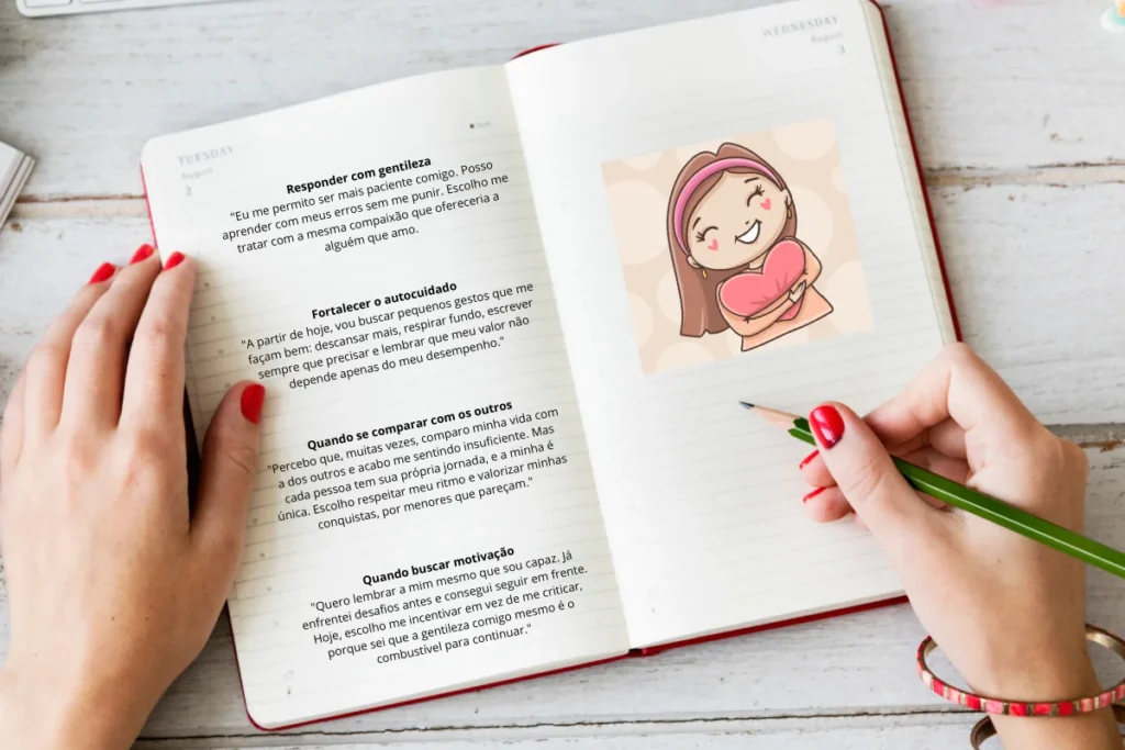 Técnica da escrita terapêutica para desenvolver a autocompaixão. 