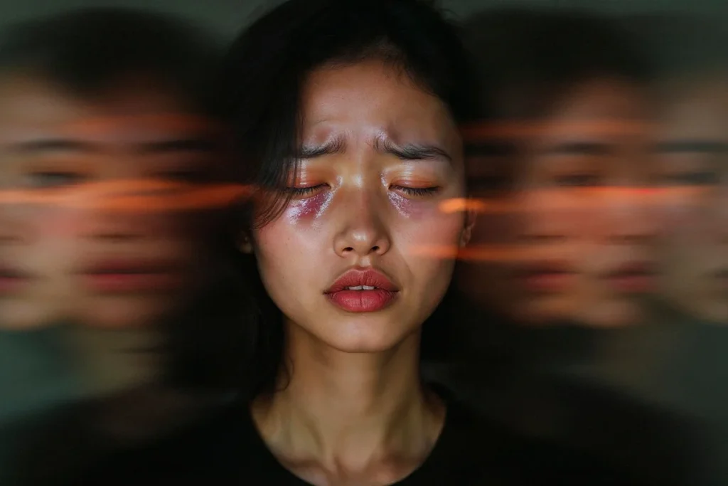 Expressão de sofrimento psicológico em uma mulher, simbolizando sintomas da esquizofrenia.