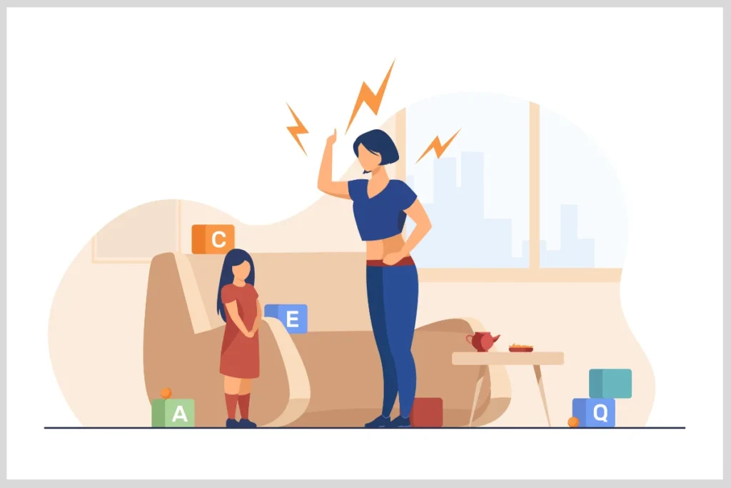 Uma mãe, visivelmente irritada, eleva o tom de voz ao repreender a filha “Você só faz bagunça”.